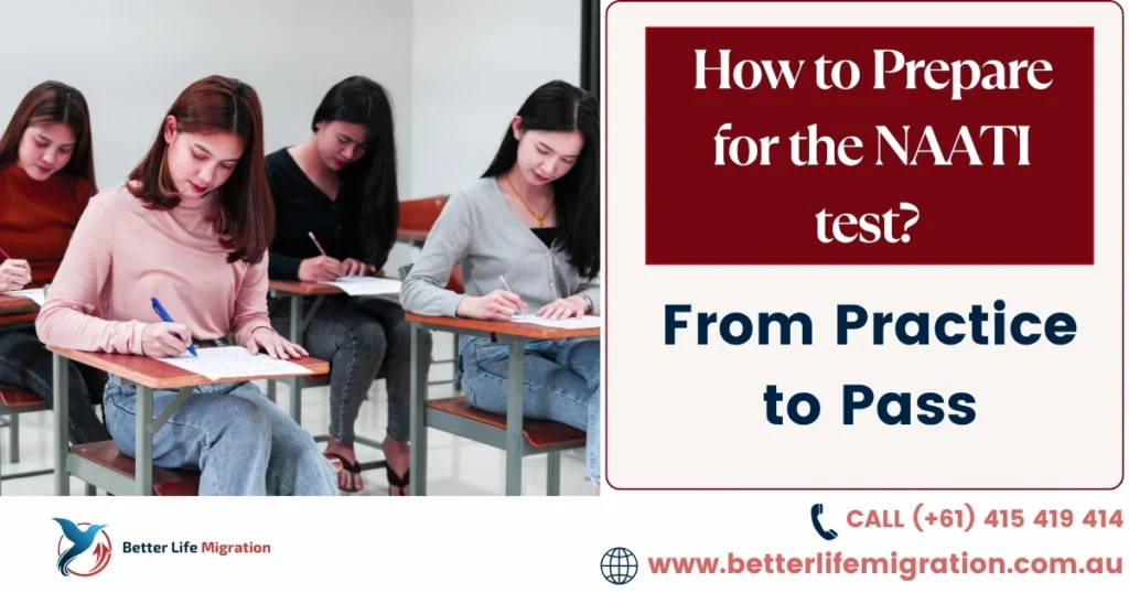 Students sitting an exam with text How to prepare for the NAATI test from practice to pass