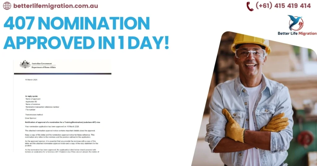 Carpenter in safety gear beside a 407 nomination approval notice highlighting subclass 407 visa changes 11 March 2026