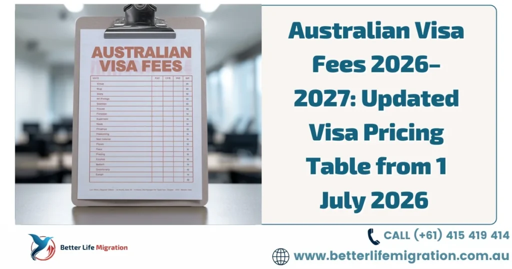 Australian visa fees 2026 to 2027 pricing table update from 1 July 2026