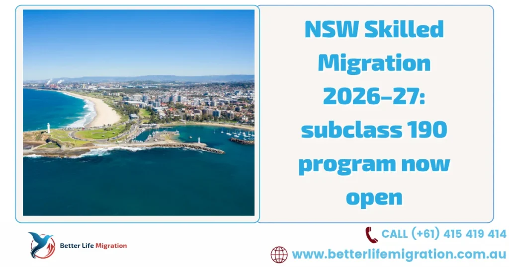 NSW Skilled Migration 2026-27 subclass 190 program now open, featuring an aerial view of Wollongong, NSW